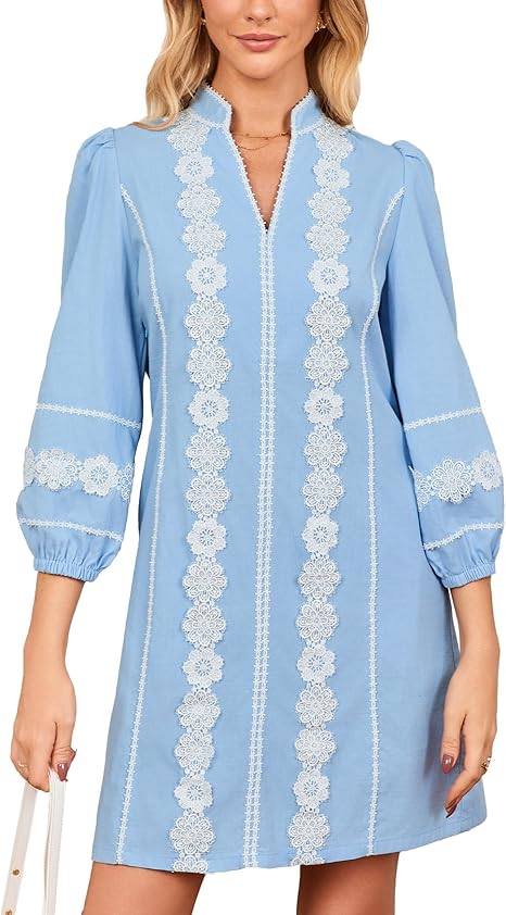 Women's Embroidered Lace Floral Tunic Dress 3/4 Puff Sleeve V Neck Mini Dress with Pockets