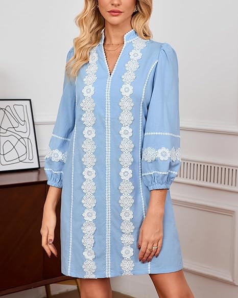 Women's Embroidered Lace Floral Tunic Dress 3/4 Puff Sleeve V Neck Mini Dress with Pockets