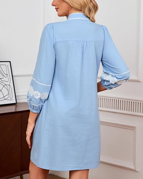 Women's Embroidered Lace Floral Tunic Dress 3/4 Puff Sleeve V Neck Mini Dress with Pockets