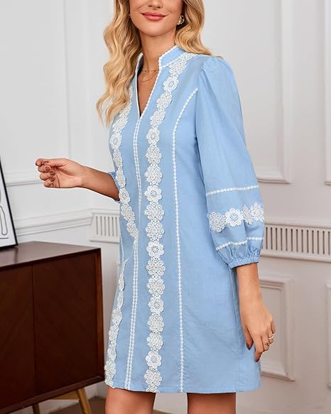 Women's Embroidered Lace Floral Tunic Dress 3/4 Puff Sleeve V Neck Mini Dress with Pockets
