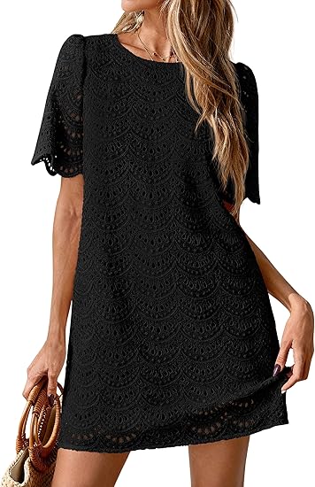 omen's 2026 Summer Casual Short Dresses Embroidered Lace Short Sleeve Boho Mini Dress Beach Vacation Clothes
