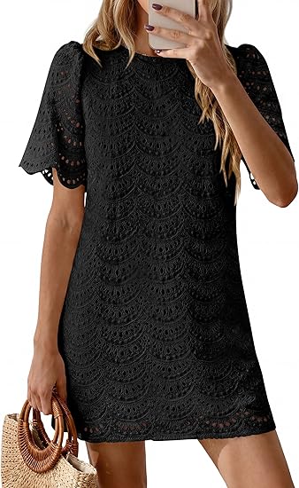 omen's 2026 Summer Casual Short Dresses Embroidered Lace Short Sleeve Boho Mini Dress Beach Vacation Clothes