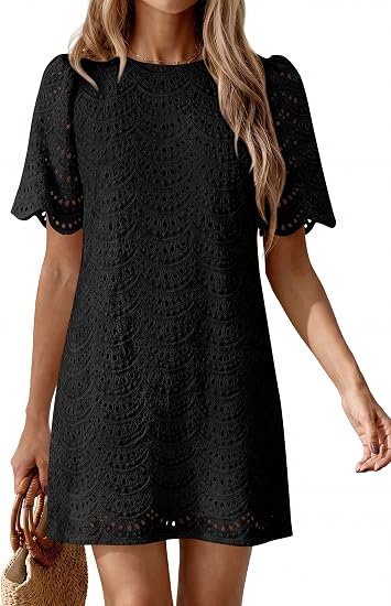 omen's 2026 Summer Casual Short Dresses Embroidered Lace Short Sleeve Boho Mini Dress Beach Vacation Clothes