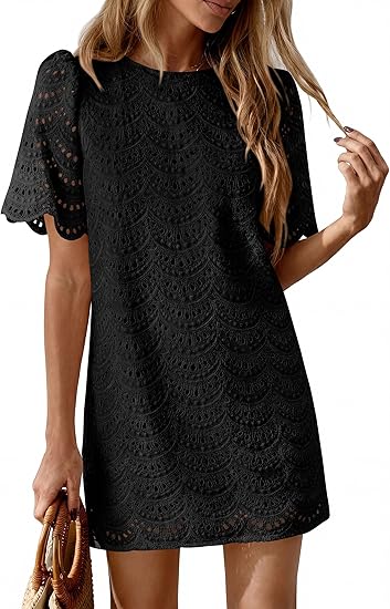 omen's 2026 Summer Casual Short Dresses Embroidered Lace Short Sleeve Boho Mini Dress Beach Vacation Clothes